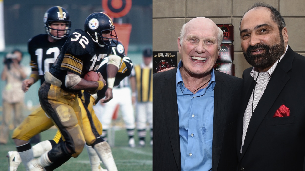 Steelers quarterback Terry Bradshaw (12) gets a hand from running