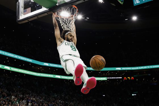 Derrick White of the Boston Celtics dunks during the second half against the Oklahoma City Thunder.