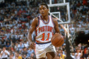 Isiah Thomas of the Detroit Pistons dribbles the ball.