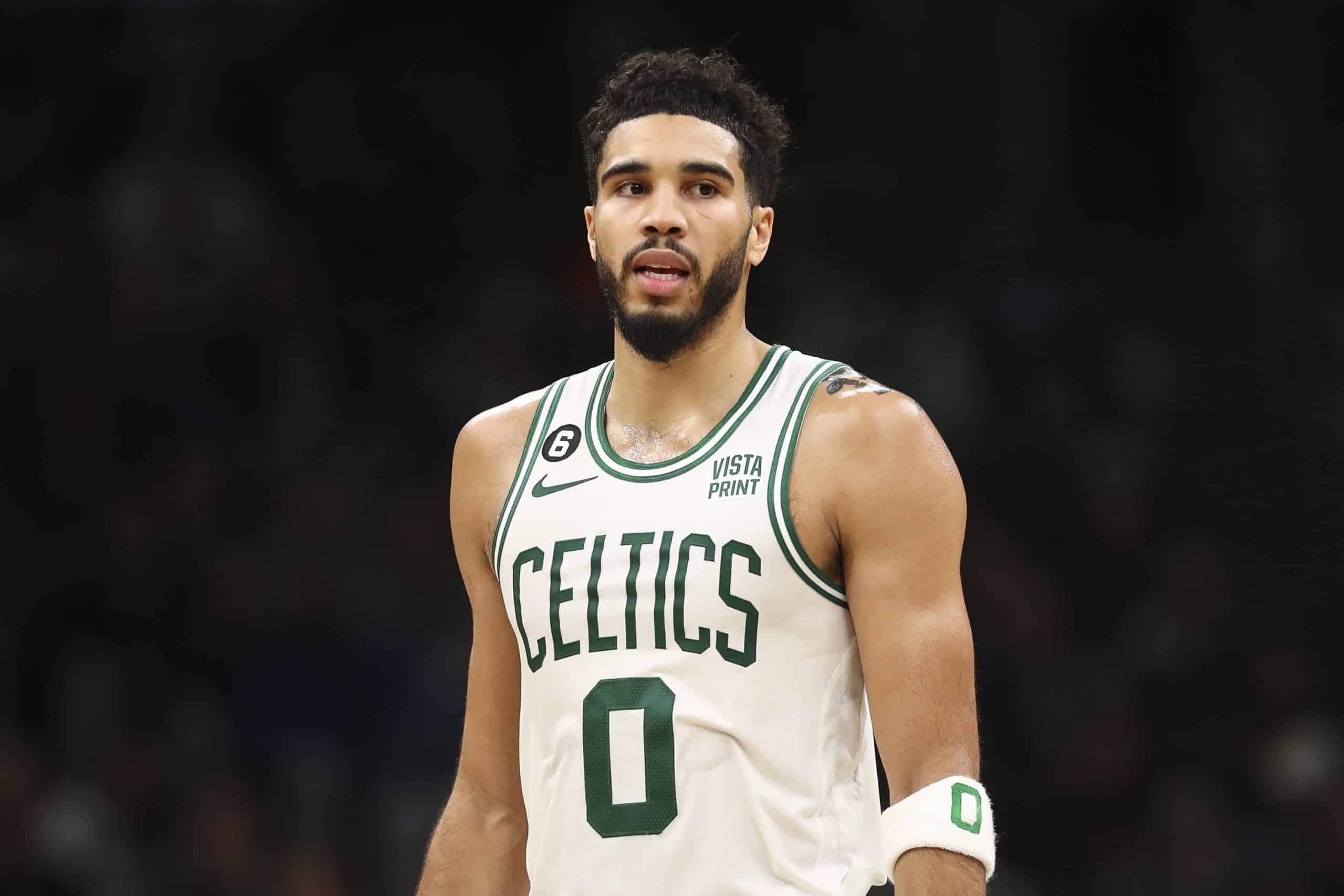 Jayson Tatum of the Boston Celtics looks on during a game against the Charlotte Hornets.