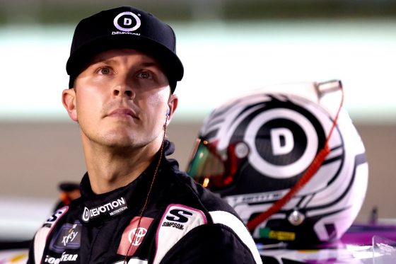 Trevor Bayne stands on pit road during qualifying for the NASCAR Xfinity Series Contender Boats 300 at Homestead-Miami Speedway on Oct. 21, 2022.