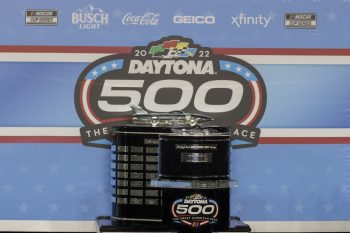 The Harley J. Earl Trophy on display in victory lane during the 2022 Daytona 500