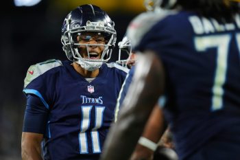 Joshua Dobbs of the Tennessee Titans celebrates after the touchdown against the Dallas Cowboys.