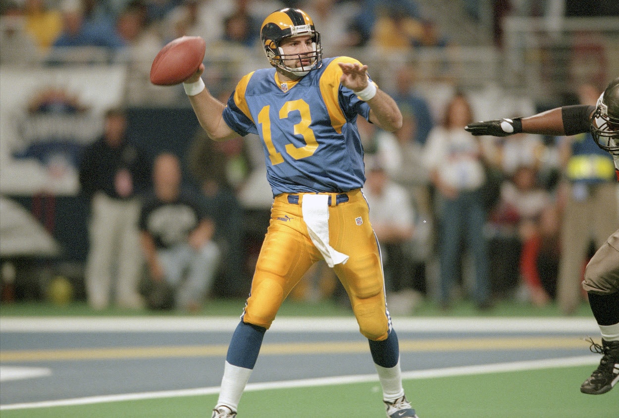 January 30, 2000: St. Louis Rams quarterback Kurt Warner #13 drops