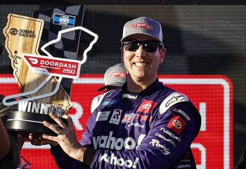 Kyle Busch celebrates in victory lane after winning the NASCAR Camping World Truck Series DoorDash 250 at Sonoma Raceway on June 11, 2022.