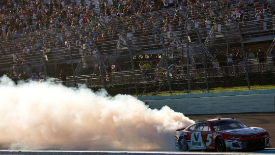 Kyle Larson celebrates victory at the ASCAR Cup Series Dixie Vodka 400.