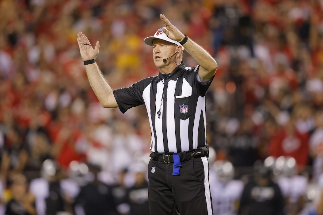 Referee Carl Cheffers (51) walks into position before a kickoff during the  NFL Super Bowl 57 football game between the Philadelphia Eagles and the  Kansas City Chiefs, Sunday, Feb. 12, 2023, in