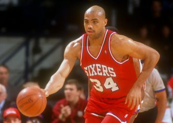 Charles Barkley of the Philadelphia 76ers dribbles.