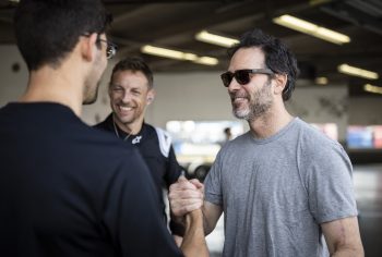 Jordan Taylor (left) talks with Jimmie Johnson (right) during the NASCAR Project 56 test at Daytona International Speedway on Jan. 31, 2023.