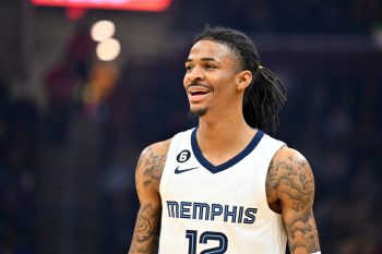 Ja Morant of the Memphis Grizzlies reacts during the first quarter of a game.