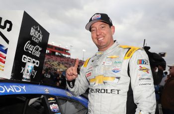 Kyle Busch in Victory Lane after winning the NASCAR Cup Series Pala Casino 400 at Auto Club Speedway on Feb. 26, 2023.