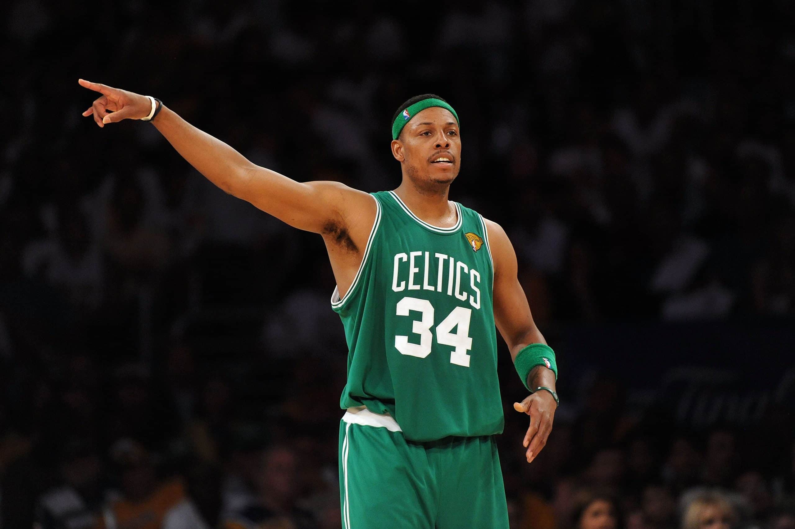 Paul Pierce of the Boston Celtics gestures on court against the Los Angeles Lakers.