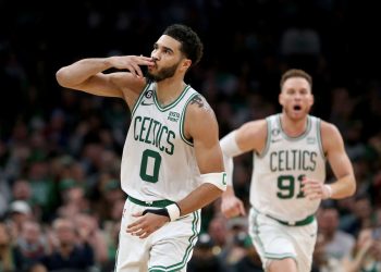 Jayson Tatum of the Boston Celtics after hitting a 3-pointer.