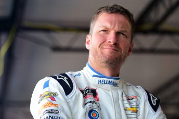 Dale Earnhardt Jr. in garage before race.