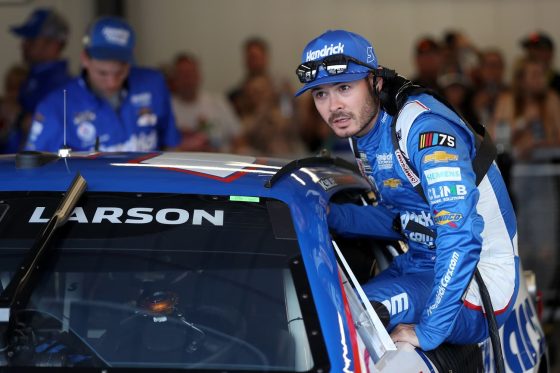 Kyle Larson enters his car in the garage during practice for the NASCAR Cup Series United Rentals Work United 500 at Phoenix Raceway on March 10, 2023.