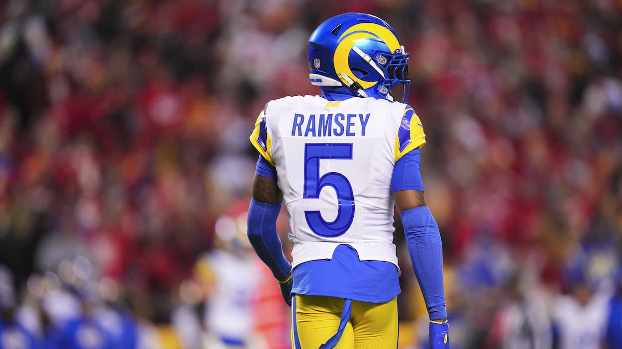 Los Angeles Rams cornerback Jalen Ramsey (5) grabs the jersey of