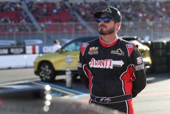 J.J. Yeley looks on during qualifying heats for the NASCAR Clash at the Coliseum at Los Angeles Memorial Coliseum on Feb. 5, 2023.