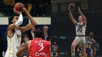 Victor Wembanyama (L) and Larry Bird (R) taking shots.