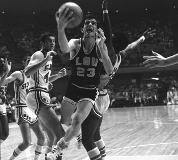 Pete Maravich of the Louisiana State Tigers goes in for a layup.