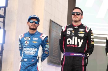 Hendrick Motorsports drivers Kyle Larson and Alex Bowman during ceremonies before the Busch Light Clash at the Los Angeles Coliseum on Feb. 5, 2023.