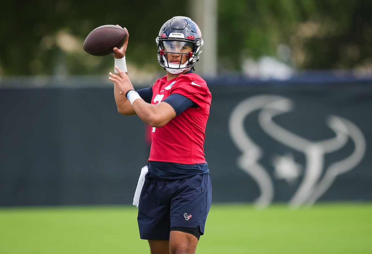 C.J. Stroud prepares to throw during a Houston Texans practice