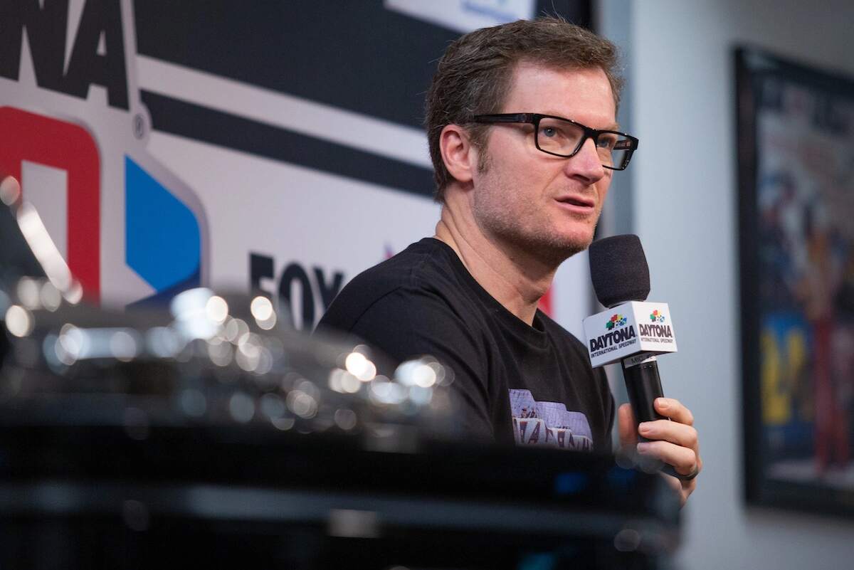 NASCAR driver Dale Earnhardt Jr. speaks to the media prior to the Daytona 500 at Daytona International Speedway