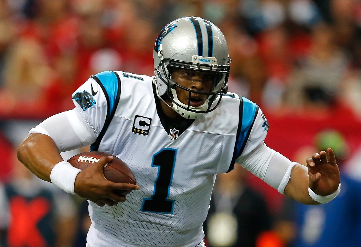 Cam Newton #1 of the Carolina Panthers against the Atlanta Falcons at the Georgia Dome on December 27, 2015 in Atlanta, Georgia