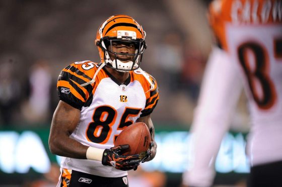 Cincinnati Bengals player Chad Johnson holds the football between plays