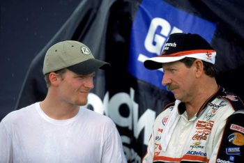 Father and son Dale Earnhardt Jr. and Dale Earnhardt Sr. after a race