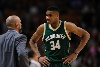 Milwaukee Bucks star Giannis Antetokounmpo talks to then-head coach Jason Kidd