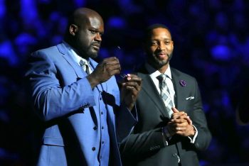 NBA legend Shaquille O'Neal speaks during an NBA event