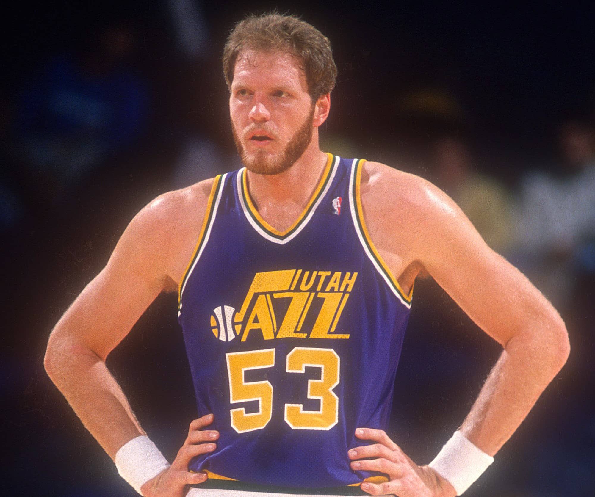 Mark Eaton of the Utah Jazz looks on during a NBA game against the Washington Bullets.