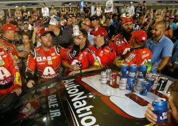 Driver Dale Earnhardt Jr. celebrates a NASCAR victory