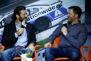 Dale Earnhardt Jr. talks on stage with Martin Truex Jr.