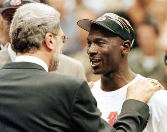 Head coach Phil Jackson and Chicago Bulls star Michael Jordan speak after a win.