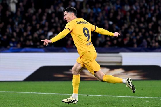 Robert Lewandowski of FC Barcelona celebrates after scoring