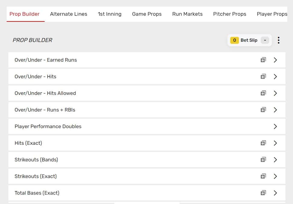 An example of baseball prop betting markets from Bovada sportsbook.