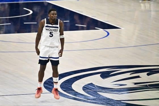 Minnesota Timberwolves guard Anthony Edwards (5) celebrates making a shot against the Dallas Mavericks