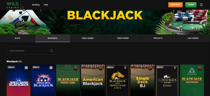 Wild Casino blackjack section