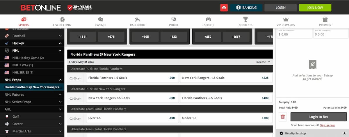 BetOnline's ice hockey betting interface