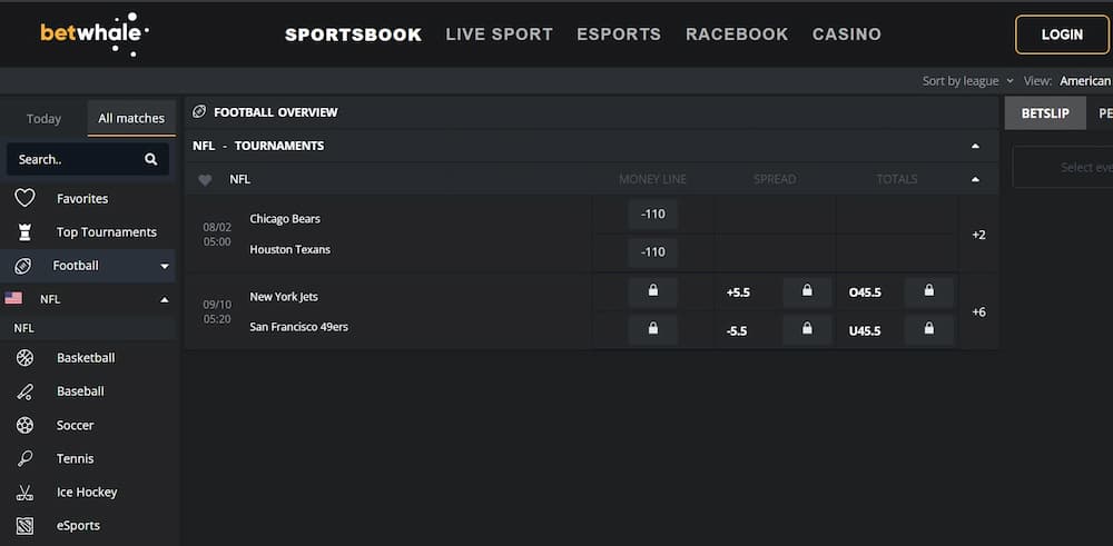 NFL & American football betting section of BetWhale