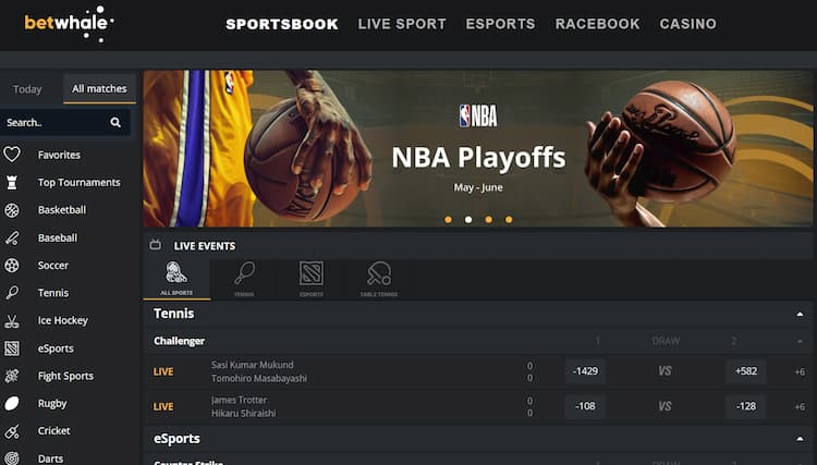 The sportsbook section of BetWhale sports betting site