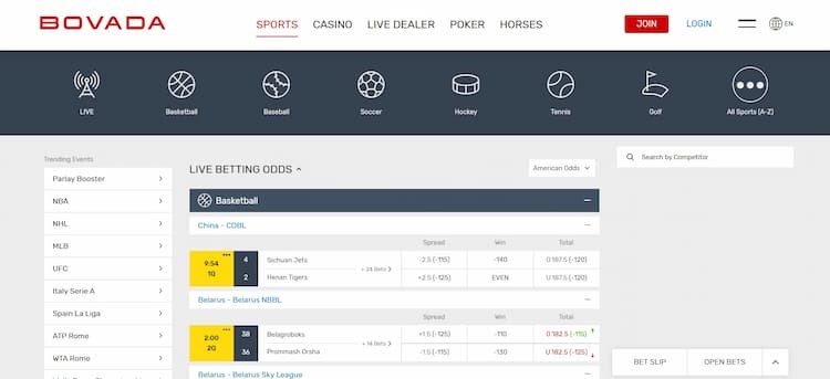 Bovada's betting section featuring the day's main sporting events and their odds