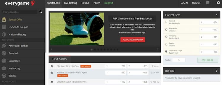 Everygame's sportsbook section showcasing the odds for day's matches across different sports.