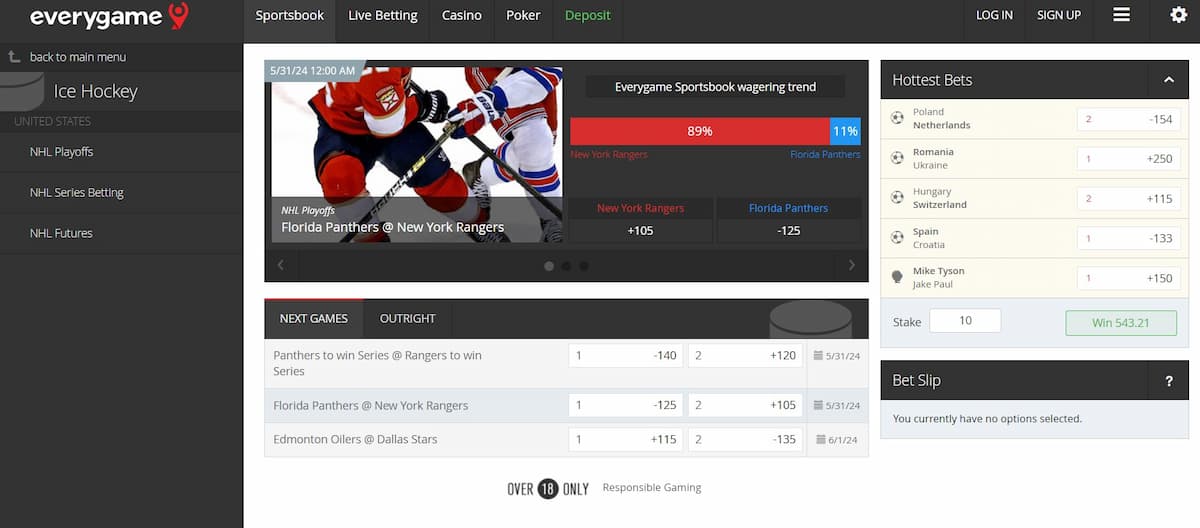 Everygame sportsbook's ice hockey betting section