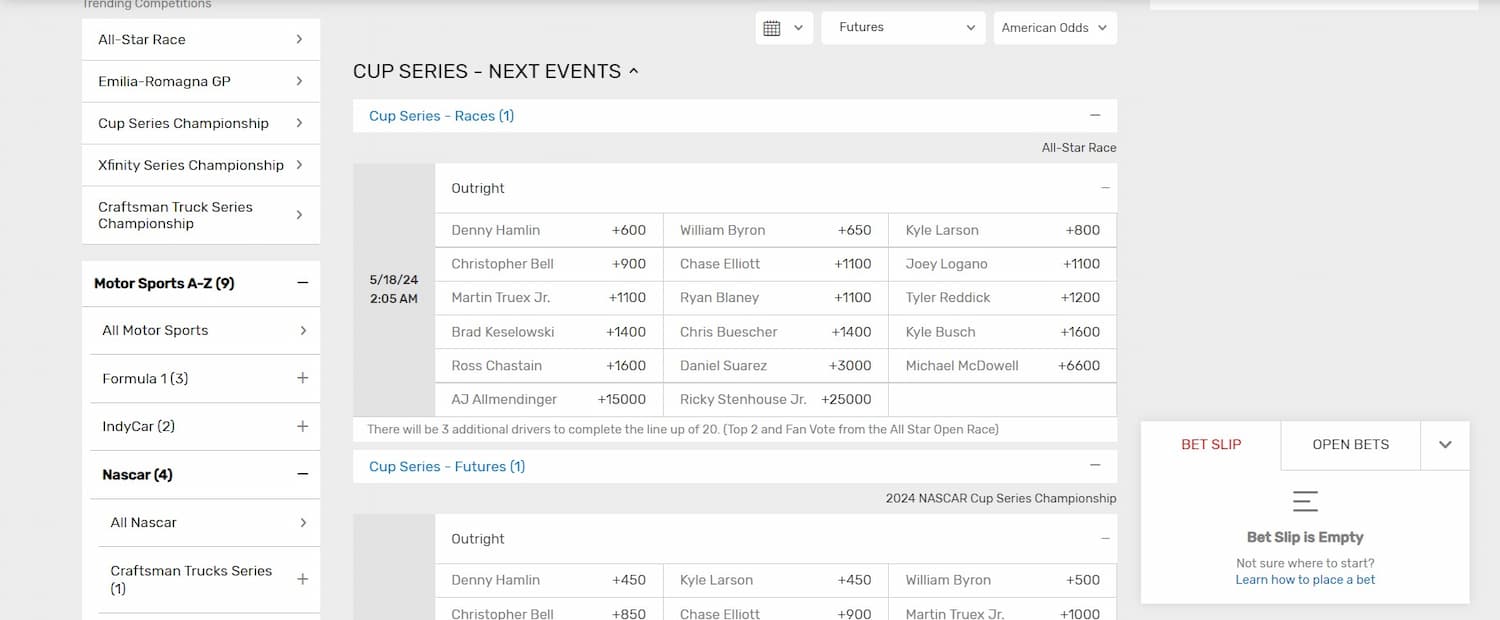 An example of nascar moneyline betting markets