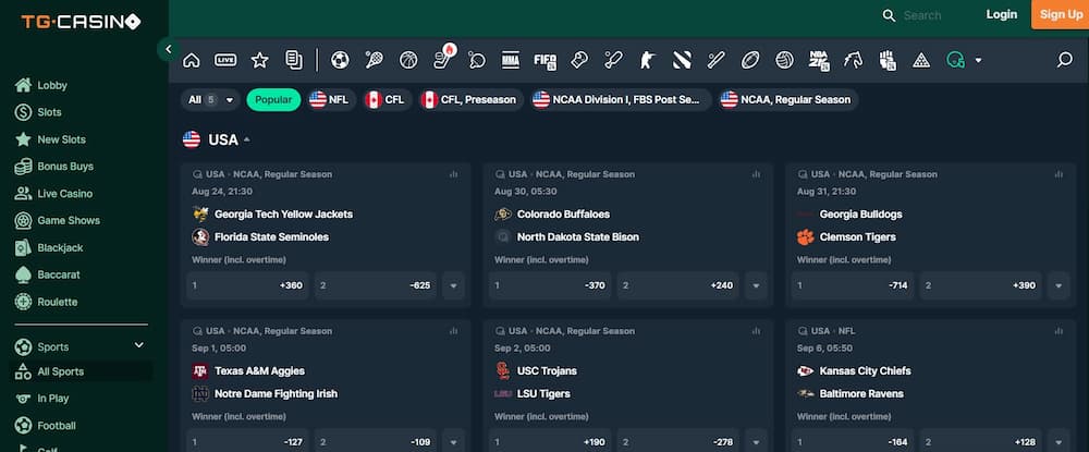 TG Casinio's American Football Betting Interface