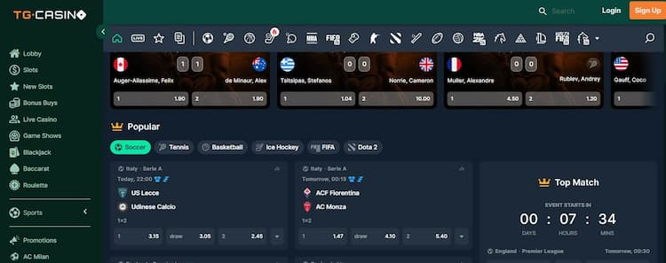 TG.Casino's sportsbook showing popular matches of the day for users to bet on.