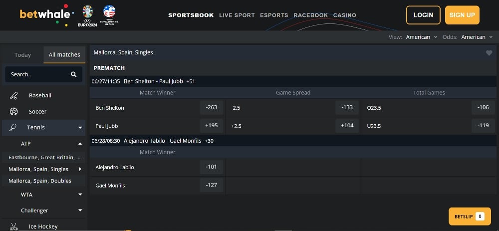 Betwhale - moneyline tennis betting example