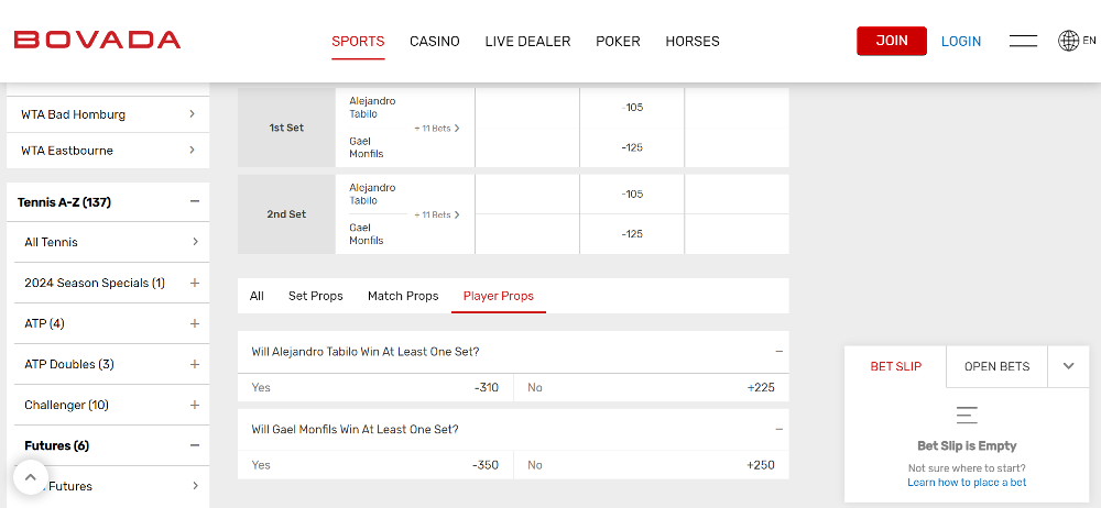 tennis prop betting example - Bovada